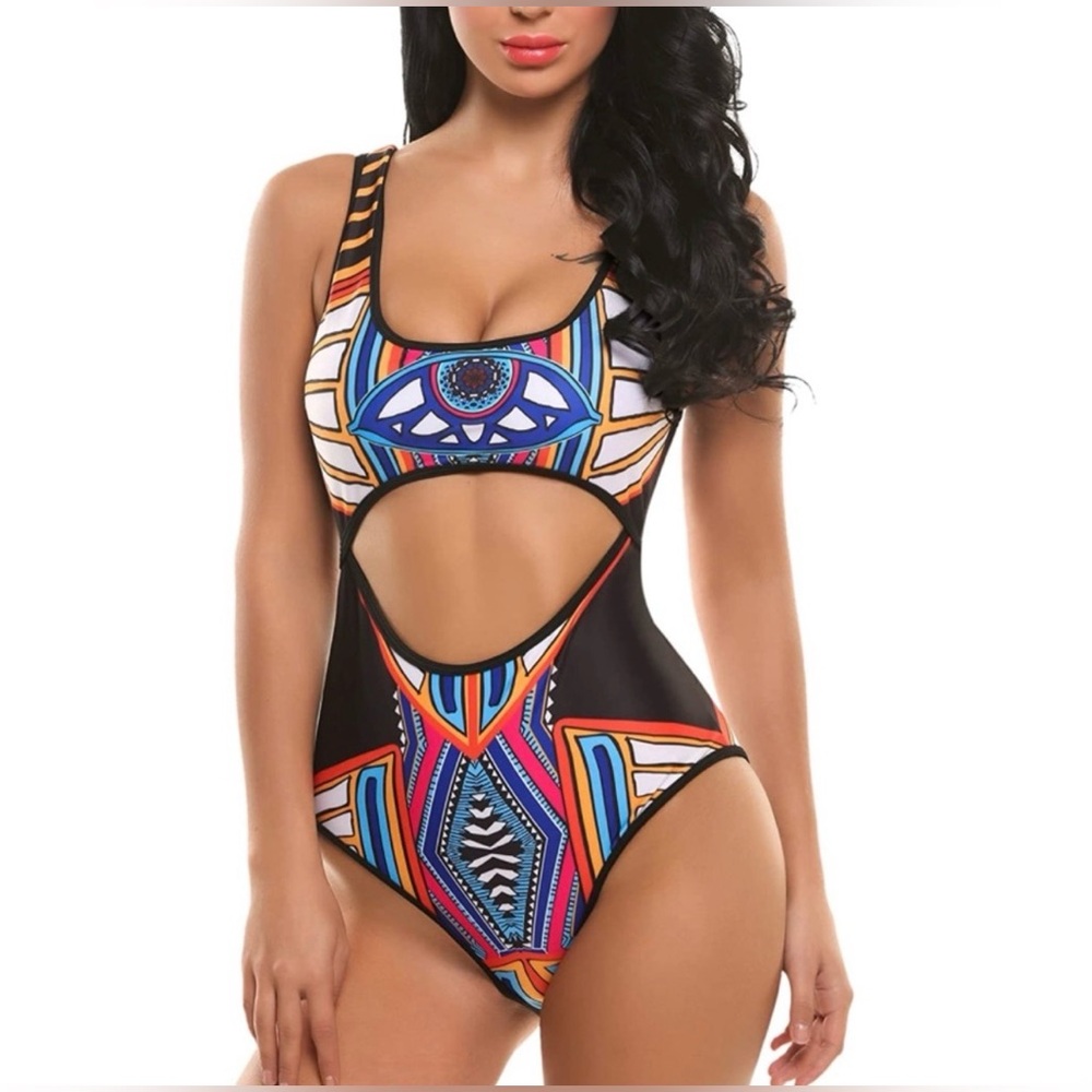 Ekouaer Multicolor Cutout One-Piece Swimsuit with Geometric Print Size M NWT